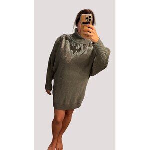 Vintage 80s Abstract Oversized Sweater Dress Large Shoulder Pads Turtleneck Grey